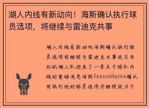 湖人内线有新动向！海斯确认执行球员选项，将继续与雷迪克共事